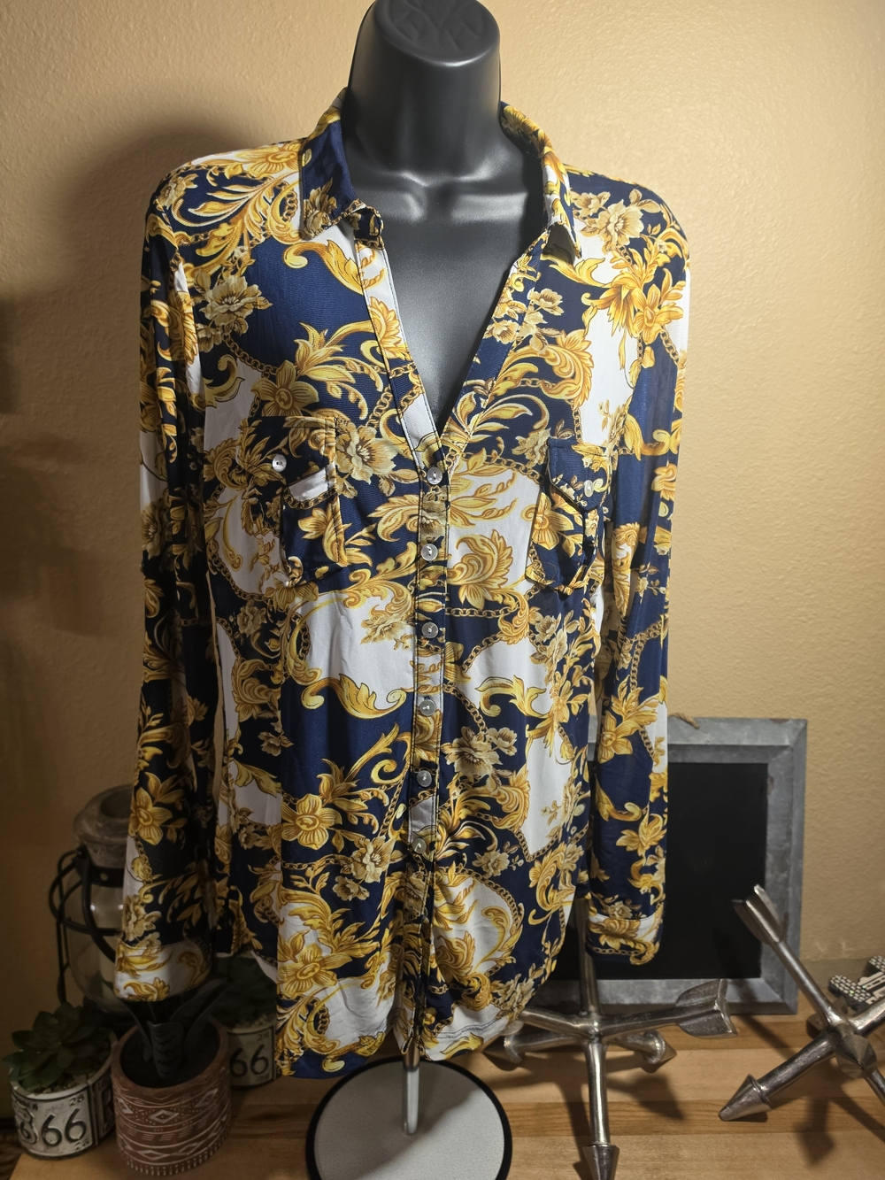 DNA couture Navy, White & Gold Baroque Button-Front Blouse